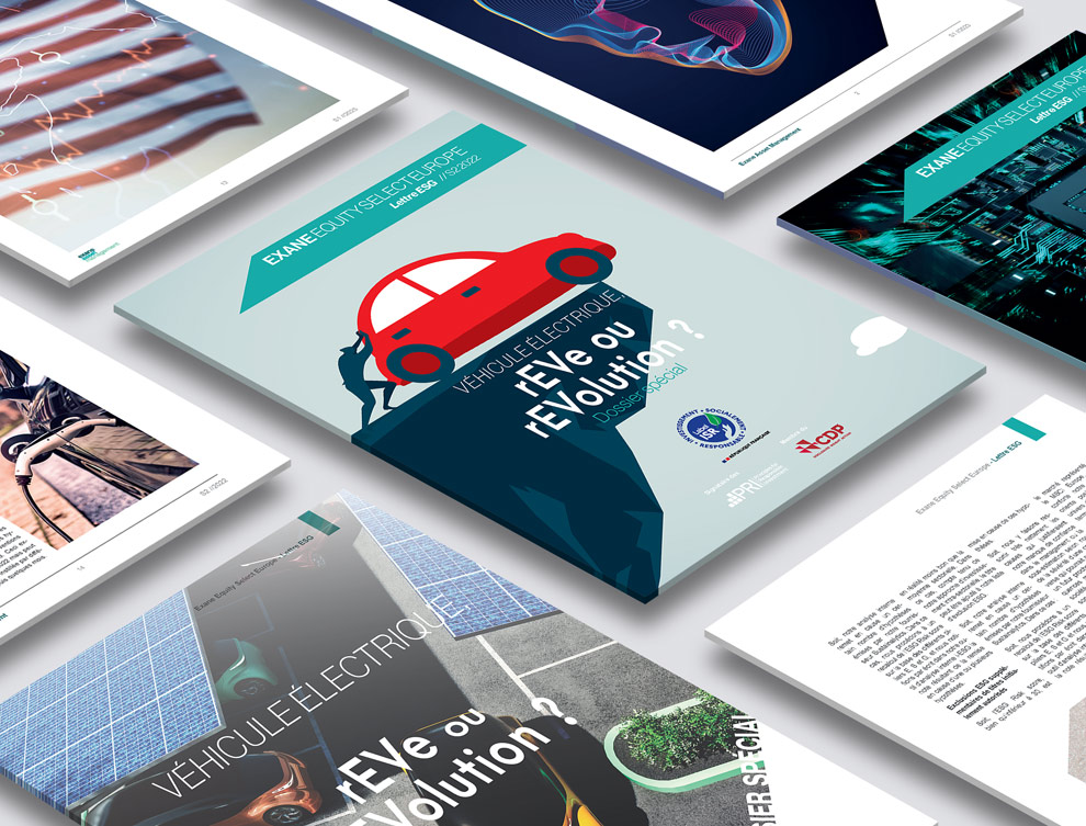 Planche de présentation de maquettes de rapports financiers et lettres ESG pour Exane Asset Management. Vues plongeantes sur des couvertures illustrées et des mises en page intérieures avec typographie et infographies